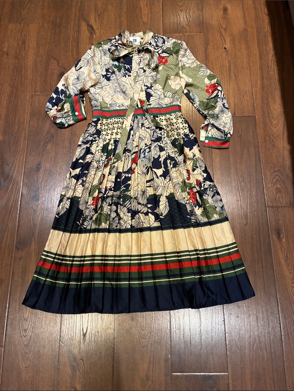 Floral Long-Sleeve Tie-Neck Maxi Dress in Cream, Navy & Green